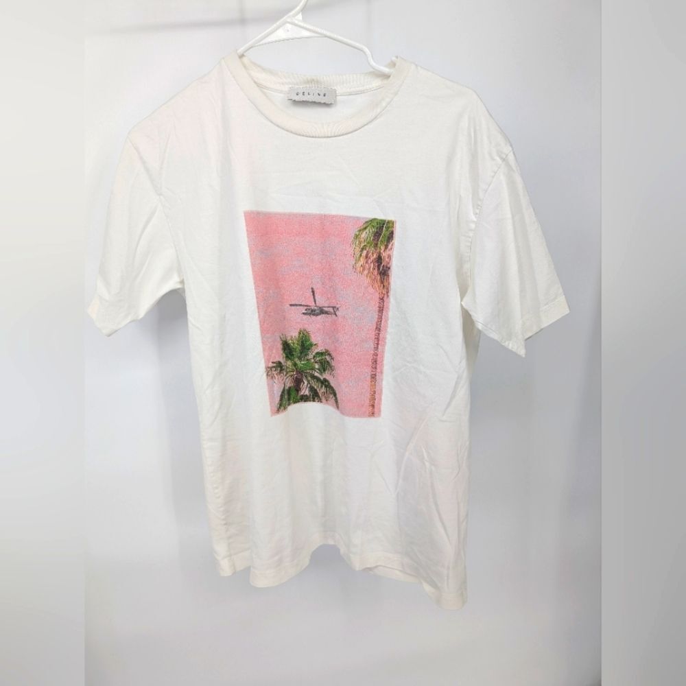 Celine White T-Shirt with Pink Graphic
